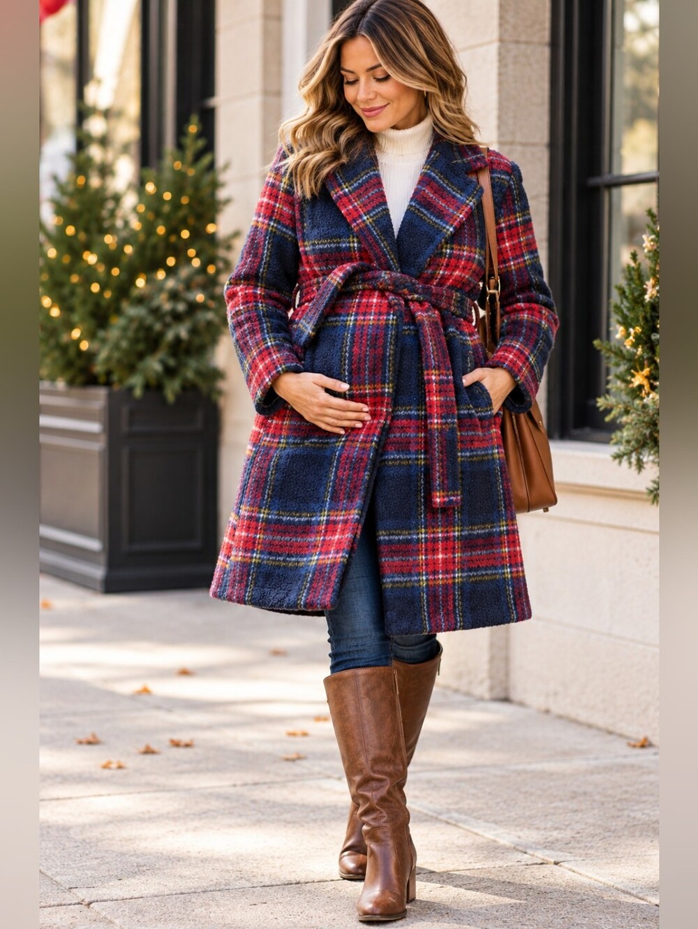 Old Navy Maternity Plaid Teddy Coat Belted Wool Blend Blue Red Size M